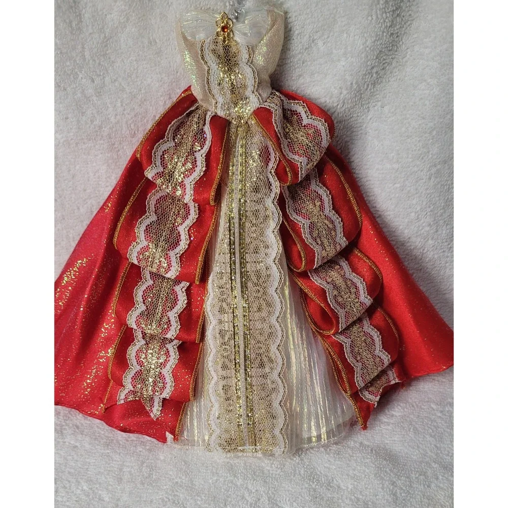 Red and Gold Holiday Doll Ball Gown Lace Tiered Formal Dress Accessory